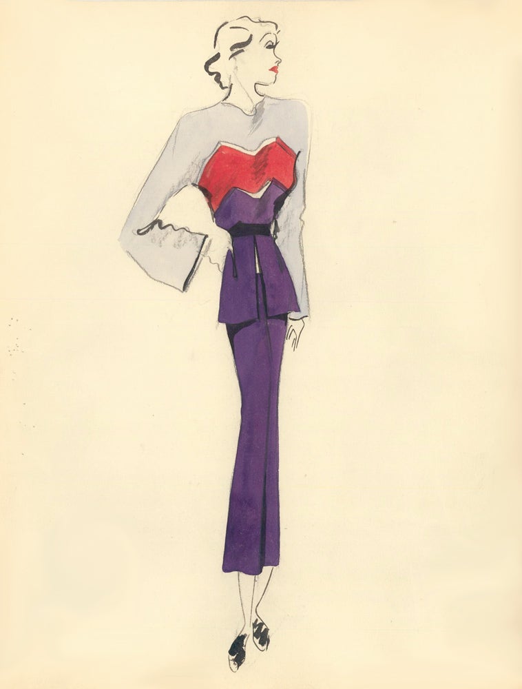 Item nr. 159310 Purple Midi Dress with Light Blue and Red Layer Accent. Fashion Illustrations. Charlotte Revyl.