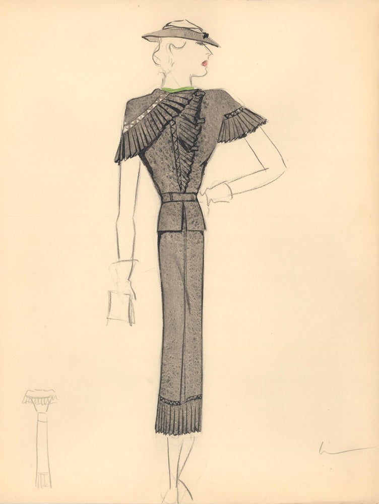 Item nr. 159311 Black Midi Dress with Pleated Chest, Shoulder and Hem Detail. Fashion Illustrations. Charlotte Revyl.