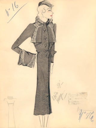 Item nr. 159312 Long Black Coat with Ruffled Hem and Sleeve Detail. Fashion Illustrations....