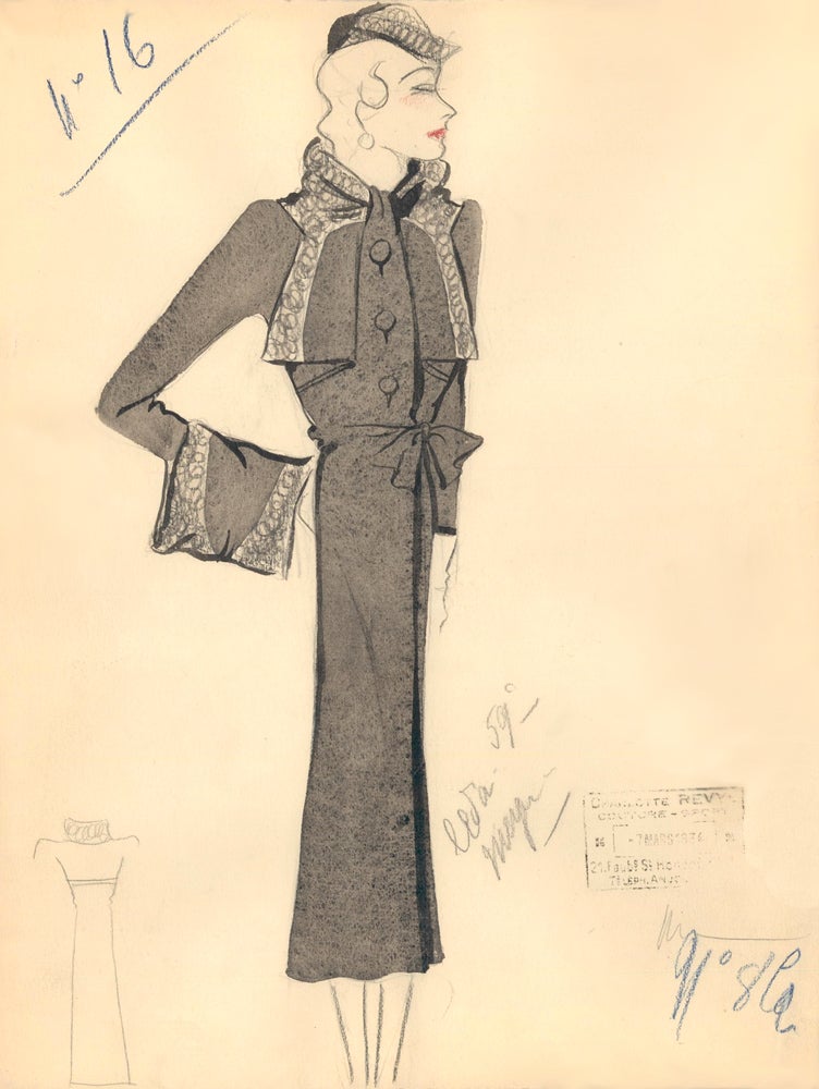 Item nr. 159312 Long Black Coat with Ruffled Hem and Sleeve Detail. Fashion Illustrations. Charlotte Revyl.