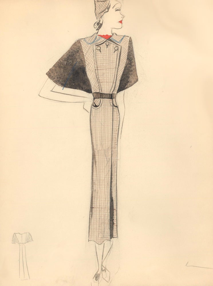 Item nr. 159313 Plaid Midi Dress with Brown Open Sleeve Detail. Fashion Illustrations. Charlotte Revyl.