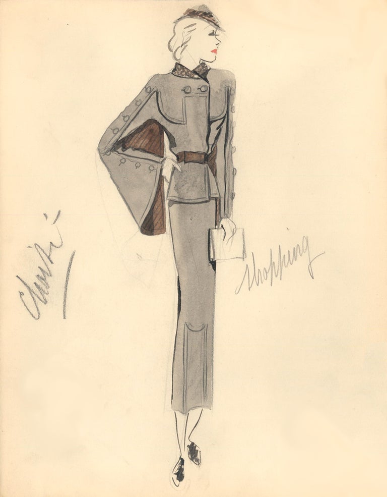 Item nr. 159315 Gray Midi Dress with Brown Caped Sleeve Detail with Buttons. Fashion Illustrations. Charlotte Revyl.