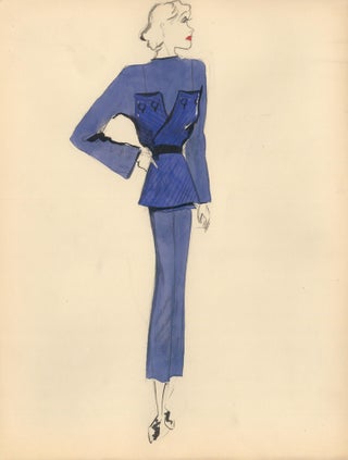 Item nr. 159316 Blue Blouse with Large Buttoned Pattern Wrap. Fashion Illustrations. Charlotte Revyl