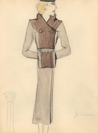 Item nr. 159317 Long Coat with Brown Fur Collar and Front Detail. Fashion Illustrations....