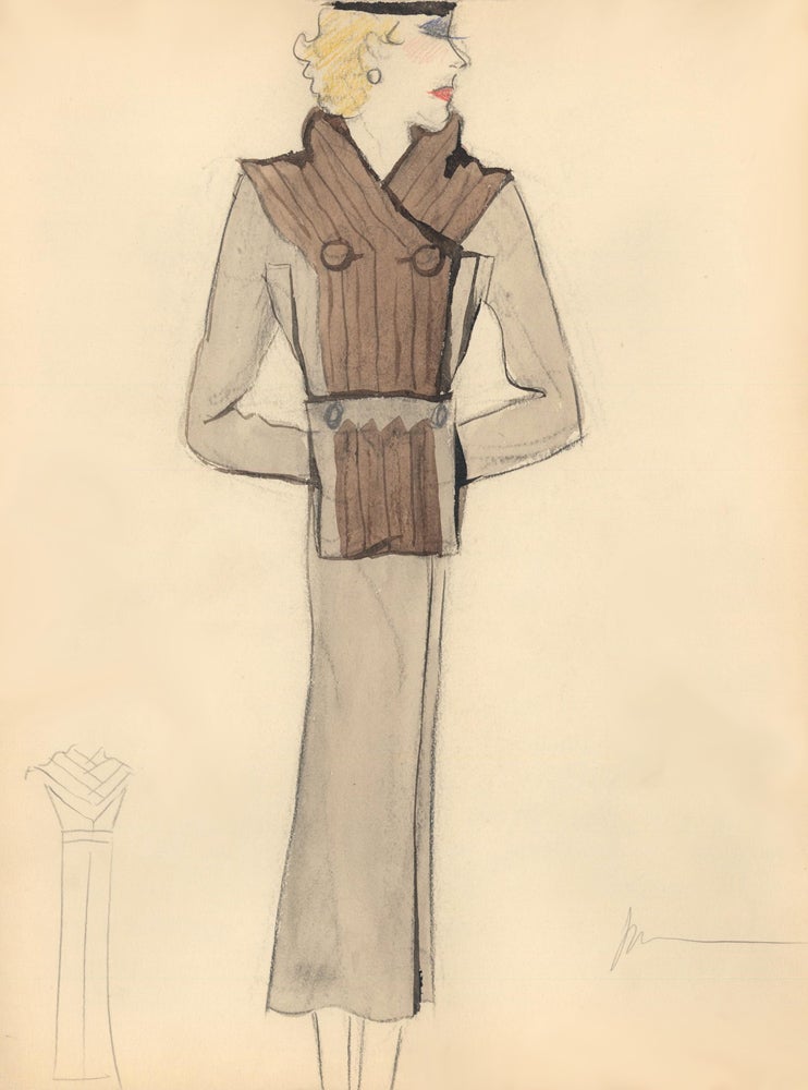 Item nr. 159317 Long Coat with Brown Fur Collar and Front Detail. Fashion Illustrations. Charlotte Revyl.