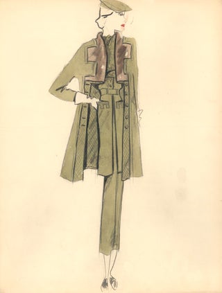 Item nr. 159318 Green Suit Coat with Brown Angular Collar Detail. Fashion Illustrations....