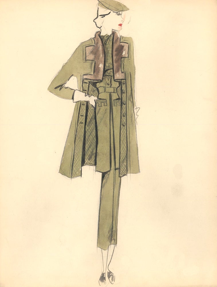 Item nr. 159318 Green Suit Coat with Brown Angular Collar Detail. Fashion Illustrations. Charlotte Revyl.