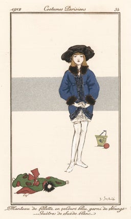 Item nr. 159901 Manteau de fillette en velours bleu garni de Skungs. Costumes Parisiens. Suzanne...