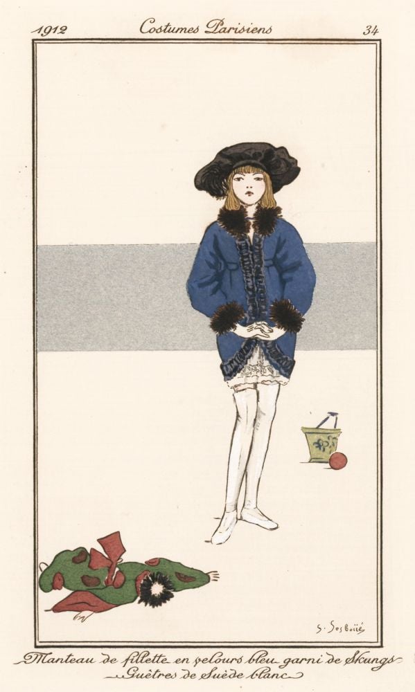 Item nr. 159901 Manteau de fillette en velours bleu garni de Skungs. Costumes Parisiens. Suzanne Sesboue.