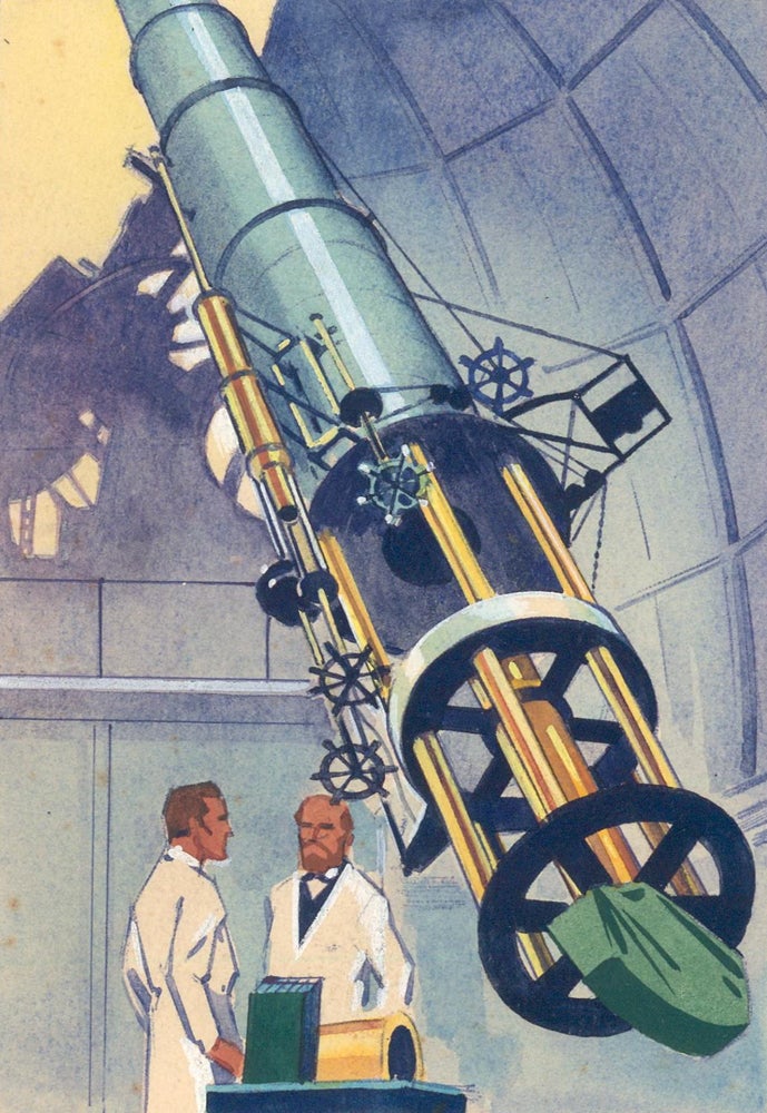 Item nr. 160054 Scientists and Telescope. Science Fiction Imagery and Futuristic Landscapes. French School.
