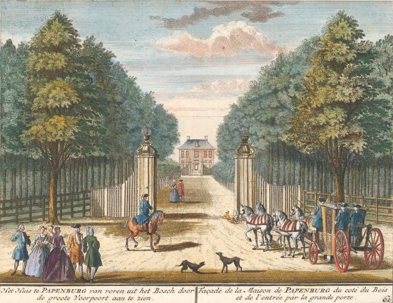 Item nr. 160104 Het Huis te Papenburg van voren uit het Bosch door de groote Voorpoort aan te zien... Het Zegenpralent Kenenmerlant, vertoont in 100 Heerelyke gezichten. Matthaeus Brouerius van Nidek, Henrik de LETH.
