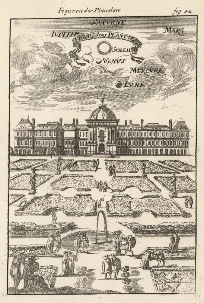 Item nr. 160444 Figure of the planets above palace and gardens. Description de l'Univers. Allain Manesson Mallet.