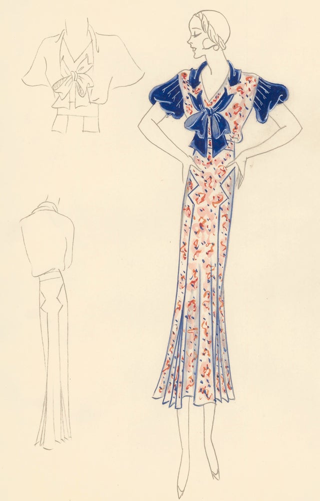 Item nr. 161176 Pink Patterned Dress with Blue Bow & Sleeves. Original Fashion Illustration. Edyth Sparag.