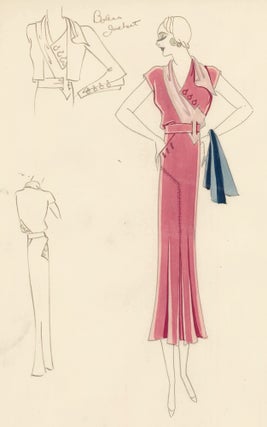 Item nr. 161178 Mauve Dress with Assymetrical Pink Collar. Original Fashion Illustration. Edyth...
