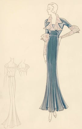 Item nr. 161179 Blue Dress with Pink Lace Sleevs and Collar. Original Fashion Illustration....