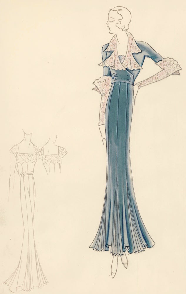 Item nr. 161179 Blue Dress with Pink Lace Sleevs and Collar. Original Fashion Illustration. Edyth Sparag.