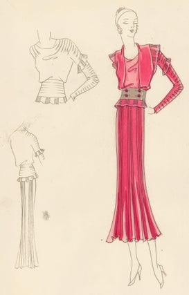Item nr. 161181 Red Chiffon Suit with Beige Sude Belt. Original Fashion Illustration. Edyth Sparag