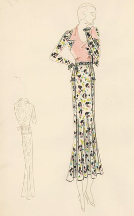 Item nr. 161182 Confetti Suit with Pink Blouse. Original Fashion Illustration. Edyth Sparag