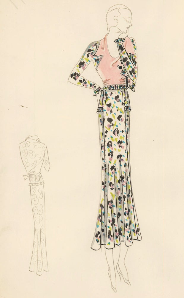 Item nr. 161182 Confetti Suit with Pink Blouse. Original Fashion Illustration. Edyth Sparag.