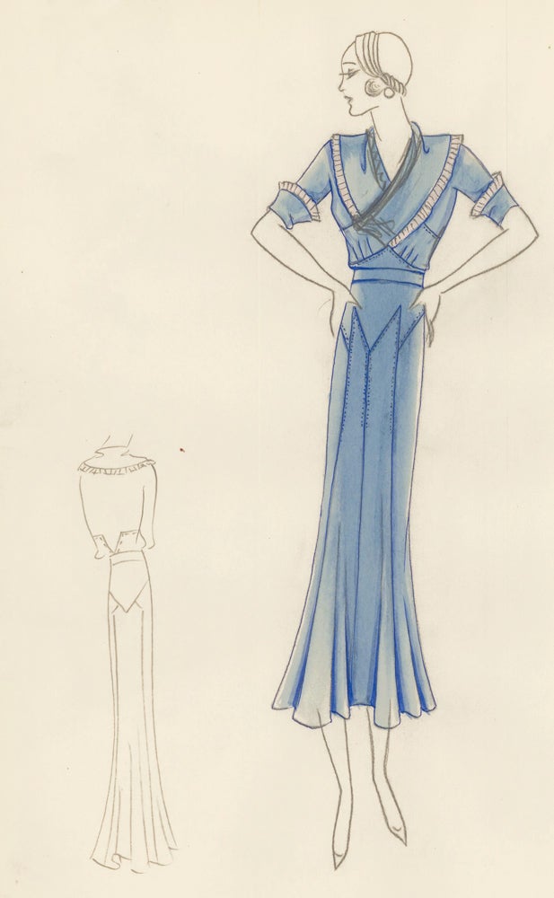 Item nr. 161184 Cerulean Blue Dress with Pale Pink Ruffle. Original Fashion Illustration. Edyth Sparag.