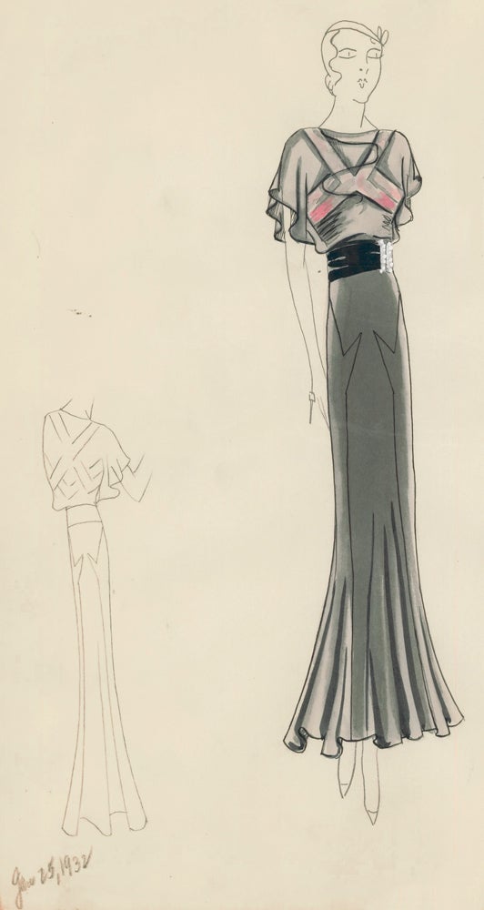 Item nr. 161189 Black Chiffon Dress with Ribbon Belt and Rhinestone Slides. Original Fashion Illustration. Edyth Sparag.