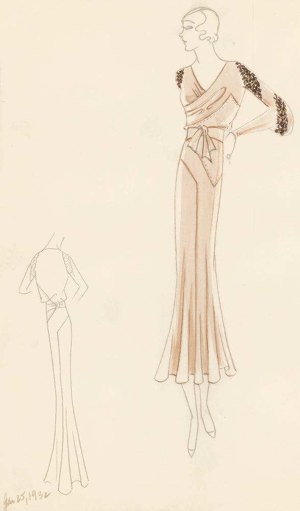 Item nr. 161192 Beige Dress With Dark Brown Accents. Original Fashion Illustration. Edyth Sparag.