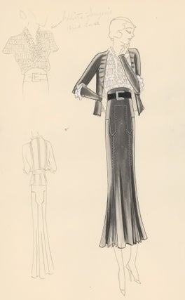 Item nr. 161193 Charcoal Suit with Pale Pink Lace Blouse. Original Fashion Illustration. Edyth...
