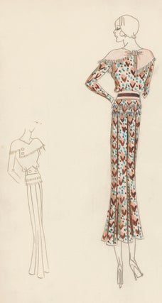 Item nr. 161194 Chevron Patterned Dress with Shawl Collar. Original Fashion Illustration. Edyth...