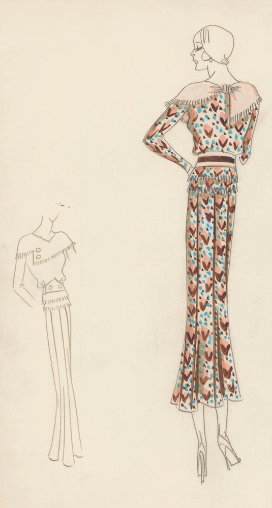 Item nr. 161194 Chevron Patterned Dress with Shawl Collar. Original Fashion Illustration. Edyth Sparag.
