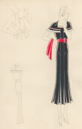 Item nr. 161196 Black Dress with White Lace and Red Belt. Original Fashion Illustration. Edyth...