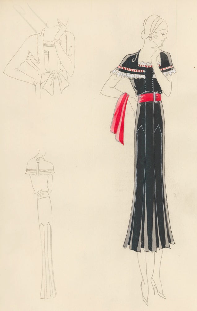 Item nr. 161196 Black Dress with White Lace and Red Belt. Original Fashion Illustration. Edyth Sparag.