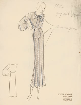 Item nr. 161201 Grey Silk Piqué Lelong Design. Original Fashion Illustration. Edyth Sparag