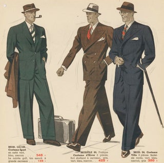 Item nr. 161615 Tweed jacket and vest, coat and trousers in granite, and tuxedo [Men's fashion]....