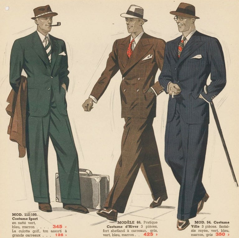 Item nr. 161615 Tweed jacket and vest, coat and trousers in granite, and tuxedo [Men's fashion]. Bayard Fraisse-Vetements. Bayard Fraisse-Vetements, Giraud et Rivaire.