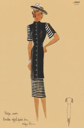 Item nr. 161883 Black-and-white crepe button-up dress, with flowered hat. Original Fashion...