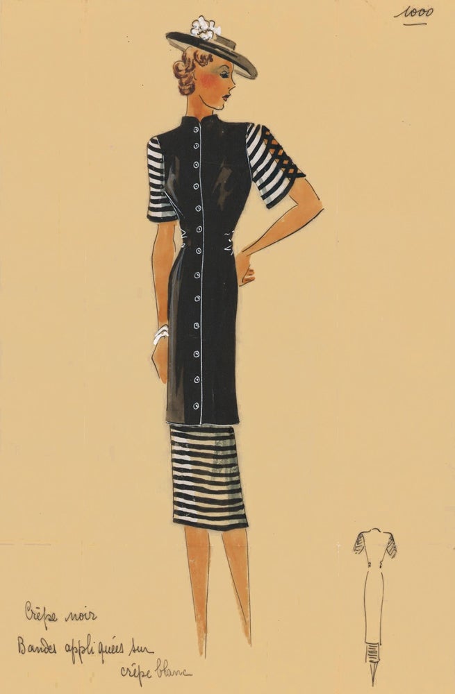 Item nr. 161883 Black-and-white crepe button-up dress, with flowered hat. Original Fashion Illustration. Ginette de Paris, Ginette Jaccard.