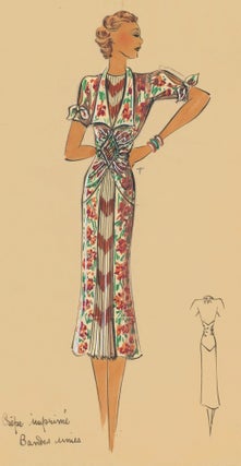 Item nr. 161884 Floral-print dress with cinched waist detail. Original Fashion Illustration....