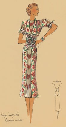 Item nr. 161884 Floral-print dress with cinched waist detail. Original Fashion Illustration....
