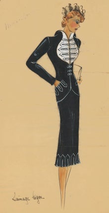 Item nr. 161885 Black two-piece suit with military-style jacket. Original Fashion Illustration....