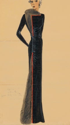 Item nr. 161886 480. Black, long-sleeved gown with fur trim and orange trim. Original Fashion...