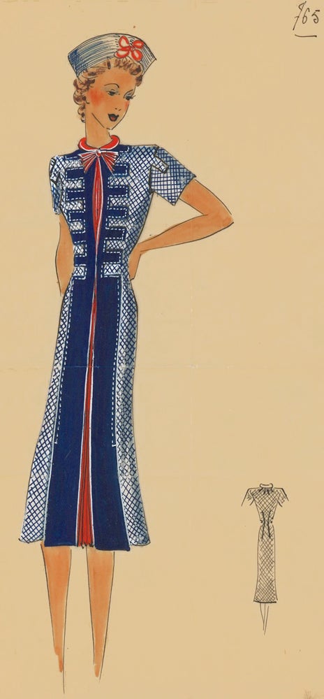 Item nr. 161887 765. Nautical pleated dress. Original Fashion Illustration. Ginette de Paris, Ginette Jaccard.