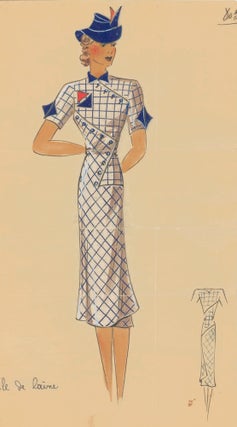Item nr. 161888 803. Geometric, grid dress with blue hat. Original Fashion Illustration. Ginette...