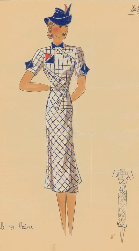 Item nr. 161888 803. Geometric, grid dress with blue hat. Original Fashion Illustration. Ginette de Paris, Ginette Jaccard.