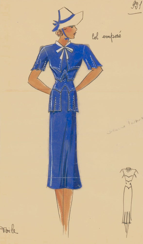 Item nr. 161891 Sapphire blue dress and sun hat. Original Fashion Illustration. Ginette de Paris, Ginette Jaccard.