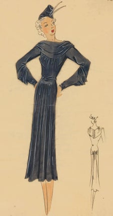 Item nr. 161892 Grey draped dress with boat neck and hat. Original Fashion Illustration. Ginette...