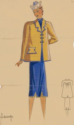 Item nr. 161895 Royal blue dress and yellow jacket with gold buttons and blue trim detail....