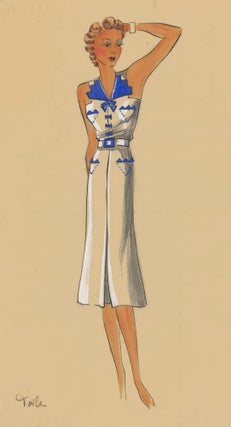 Item nr. 161896 White and blue, belted dress. Original Fashion Illustration. Ginette de Paris,...
