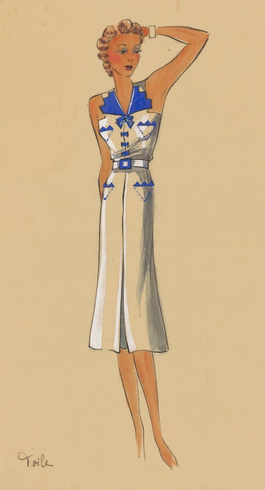 Item nr. 161896 White and blue, belted dress. Original Fashion Illustration. Ginette de Paris, Ginette Jaccard.