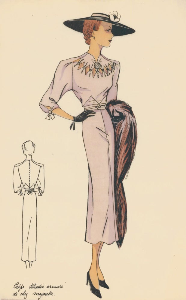 Elegant lavender dress with fur shawl. Original Fashion Illustration by  Ginette de Paris, Ginette Jaccard on Ursus Books, Ltd