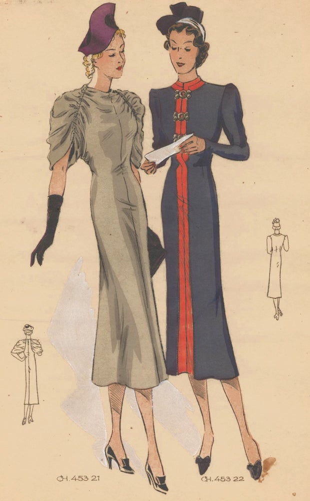 Item nr. 161899 Elegant women in grey rouched-sleeve dress and high-neck navy dress with red trim. Original Fashion Illustration. Ginette de Paris, Ginette Jaccard.